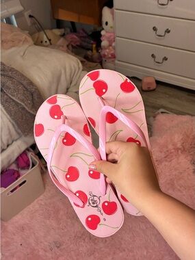 Pink Cherry Print Flip Flops wedges